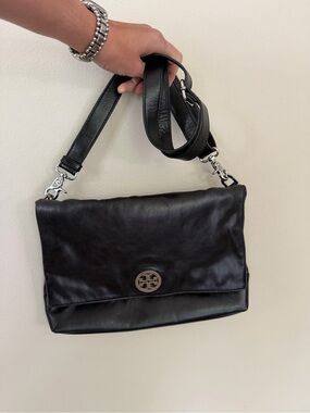 Tory Burch Dena Convertible Crossbody Bag – Black Leather, Silver Hardware